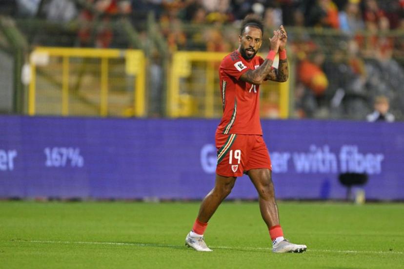 Wales' forward #19 Sorba Thomas (R) celebrates after scoring Wales' second goal during the FIFA World Cup 2026 Group J European qualification football match between Belgium and Wales at the King Baudouin Stadium in Brussels, on June 9, 2025.  NICOLAS TUCAT / AFP