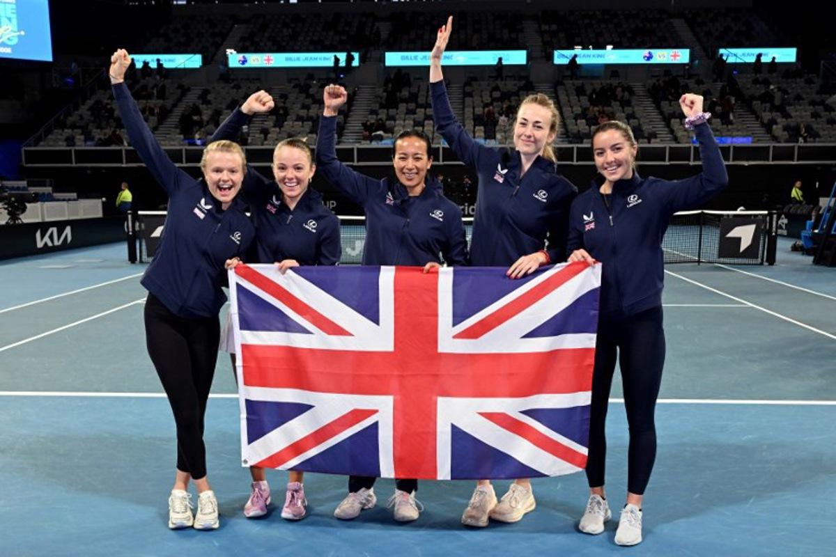 (L-R) Britain's Harriet Dart, Katie Swan, team captain Anne Keothavong, Mika Stojsavljevic and Jodie Burrage celebrate after winning the Billie Jean King Cup tennis tie against Australia in Melbourne on April 11, 2026.  William WEST / AFP