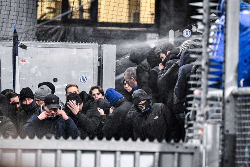 KRC Genk supporters receive pepperspray in their faces ahead of a soccer game between Dutch soccer club FC Utrecht and Belgian KRC Genk, on Thursday 22 January 2026 in Utrecht, Netherlands, the seventh game (out of 8) in the league phase of the UEFA Europa League competition. BELGA PHOTO TOM GOYVAERTS