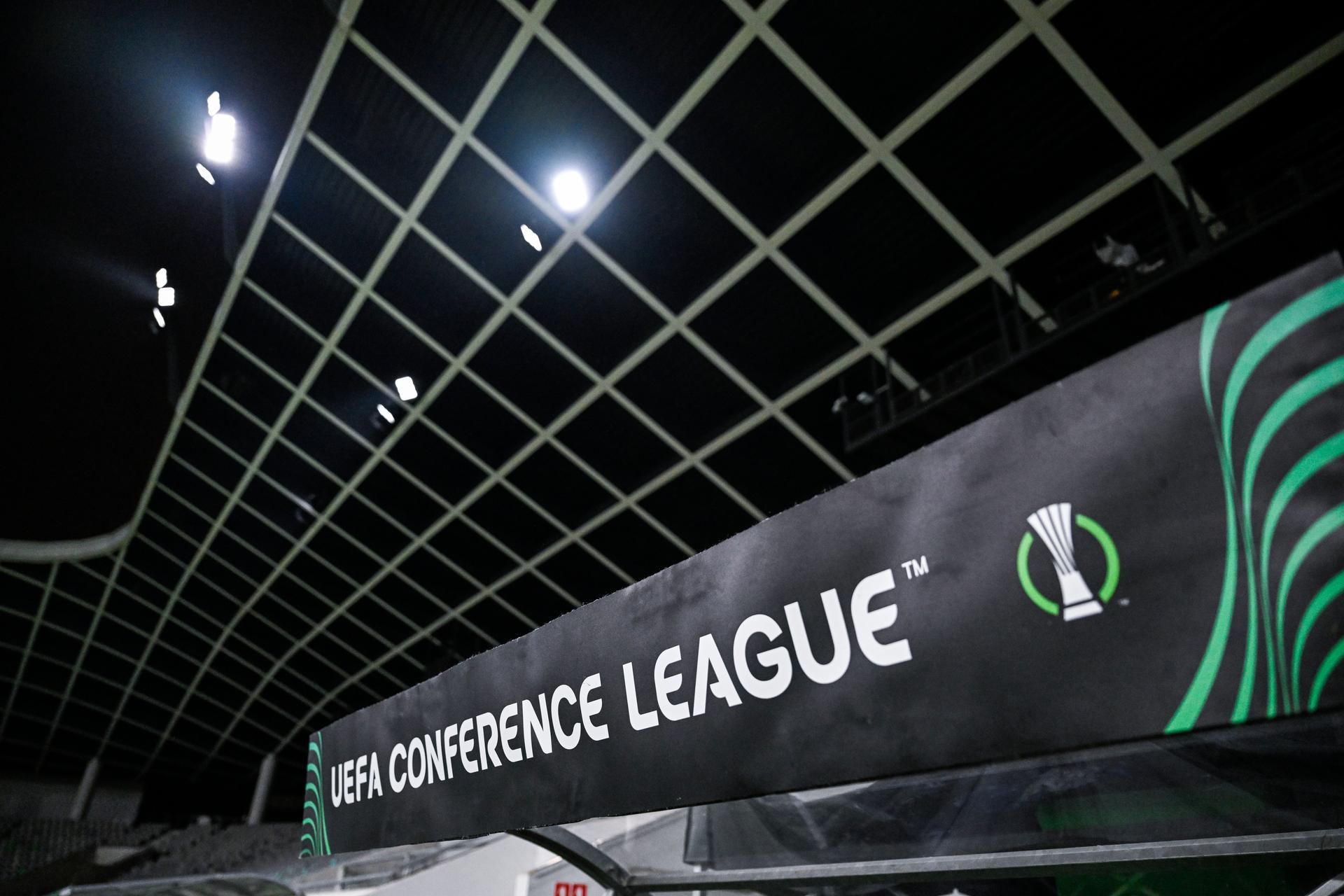 This picture shows a UEFA Conference League banner at an inspection of the pitch in Ljubljana, Slovenia, by Belgian first division team Cercle Brugge KSV on Wednesday 11 December 2024. Tomorrow, Cercle Brugge will play against Slovenian Olimpija Ljubljana on day 5/6 of the group stage of the UEFA Conference League tournament. BELGA PHOTO TOM GOYVAERTS