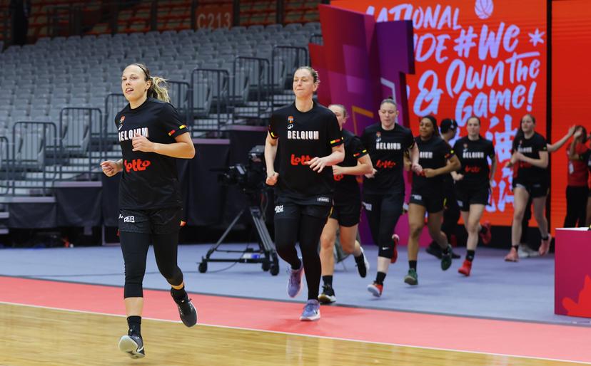 Belgian Cats' players pictured during the warming-up for a basket game between Belgium's national team Belgian Cats and South Sudan, in Wuhan, China, on Sunday 15 March 2026, the fourth game (out of 5) of the qualifications phase for the World Cup Basket tournament. BELGA PHOTO NIKOLA KRSTIC