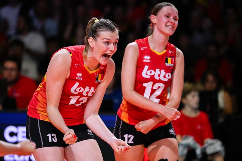 Belgium's Marlies Janssens celebrates during a volleyball game between Slovenia and the Belgian national women volleyball team Yellow Tigers in the group stage of the 2023 European Women's Championships, Saturday 19 August 2023 in Gent. The 2023 European Women's Championships take place from August 15 to September 3. BELGA PHOTO LAURIE DIEFFEMBACQ