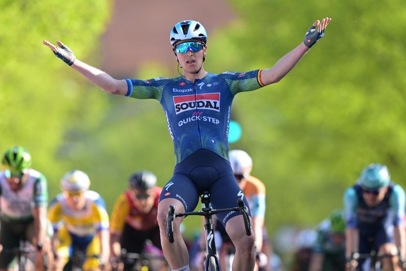 Belgian Tim Merlier of Soudal Quick-Step celebrates after winning the 'Ronde Van Limburg' one day cycling race, from Hasselt to Tongeren-Borgloon (178,4 km) on Wednesday 15 April 2026. BELGA PHOTO DAVID PINTENS