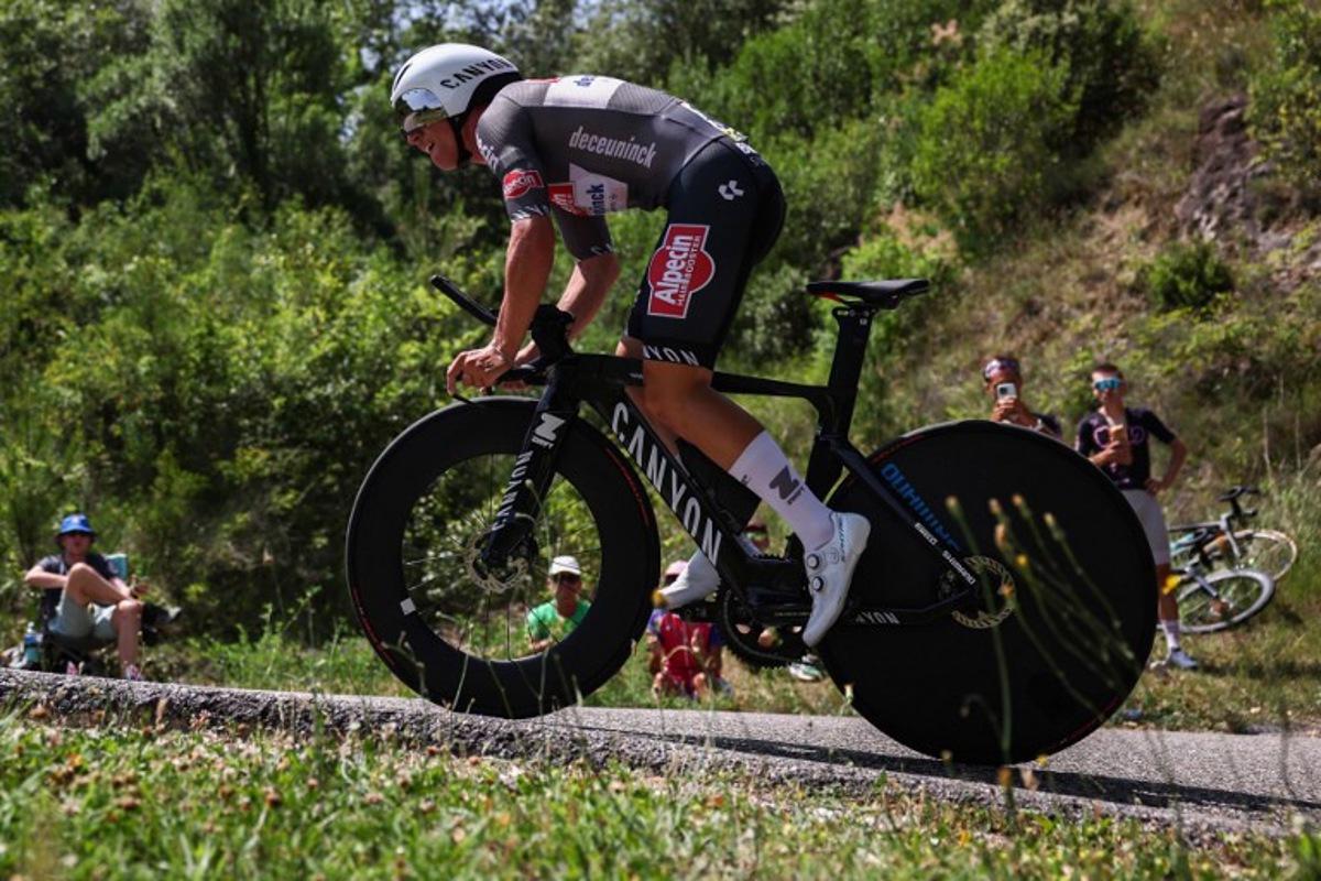 Alpecin-Deceuninck's Dutch rider Lars Boven cycles during the 4th stage of the 77th edition of the Criterium du Dauphine cycling race, a 17,4 km individual time trial between Charmes-sur-Rhône and Saint-Péray, on June 11, 2025.  Anne-Christine POUJOULAT / AFP