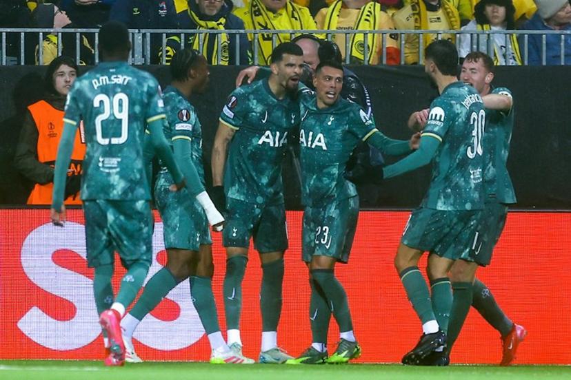 Tottenham Hotspur's Spanish defender #23 Pedro Porro (3R) celebrates scoring his team's second goal with team mates during the UEFA Europa League semi-final second leg football match between Bodoe/Glimt and Tottenham Hotspur in Bodoe, Norway on May 8, 2025.  Mats Torbergsen / NTB / AFP