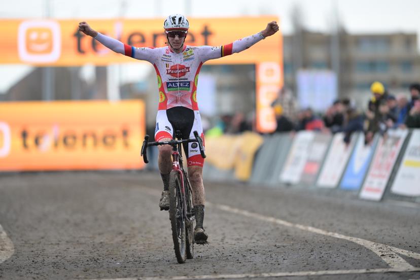 Belgian Michael Vanthourenhout celebrates as he crosses the finish line to win the men elite race of the 'Noordzeecross' cyclocross cycling event in Middelkerke, the last race of the Superprestige competition on Saturday 07 February 2026. BELGA PHOTO DAVID PINTENS