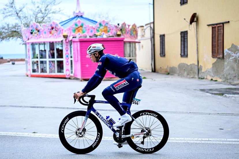 French Paul Magnier of Soudal Quick-Step pictured in action during the third stage of the Tirreno-Adriatico cycling race, a 239km race from Follonica to Colfiorito (Foligno), Italy, Wednesday 12 March 2025. BELGA PHOTO DIRK WAEM