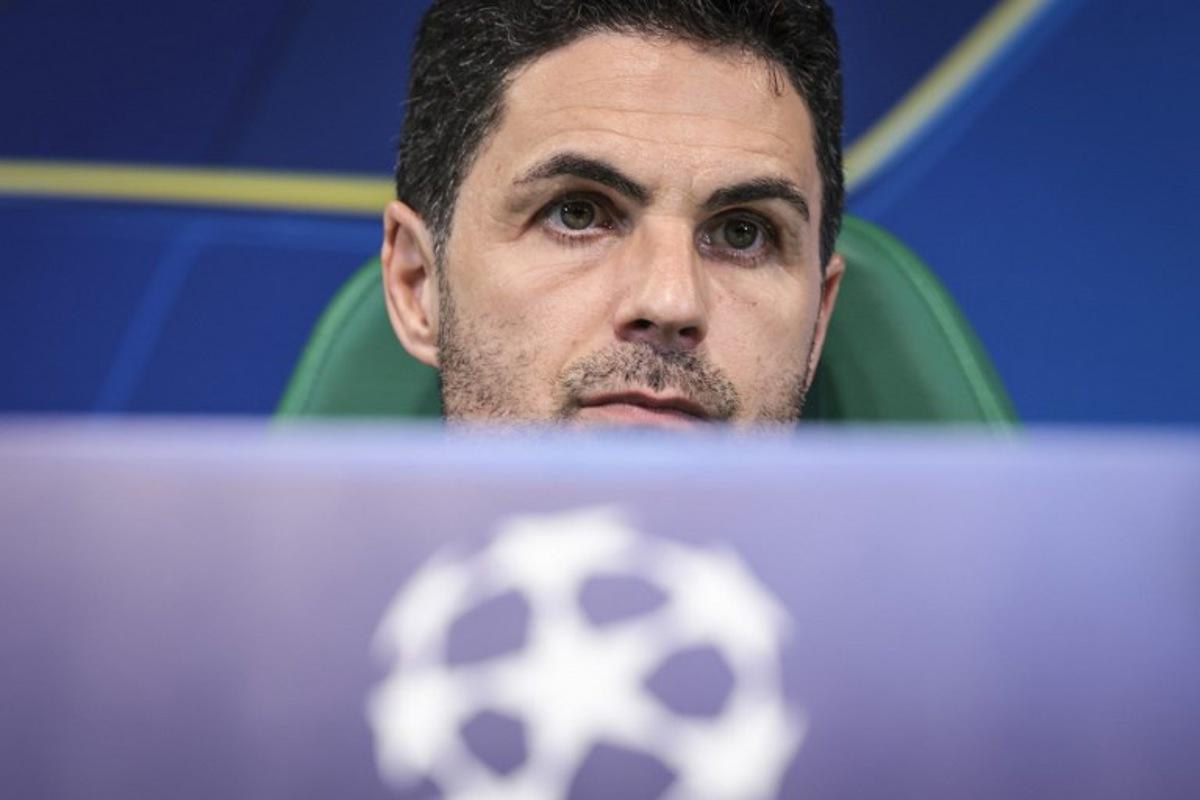 Arsenal's coach  Mikel Arteta attends a press conference on the eve of the UEFA Champions League quarter final first leg football match against Sporting Lisbon, at Alvalade stadium in Lisbon, on April 6, 2026.  PATRICIA DE MELO MOREIRA / AFP