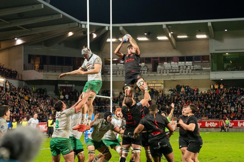 Players pictured in action during a rugby game between Belgium's Black Devils and Portugal, in the opening match of the European Rugby Champiosnhip, at Charles Tondreau Stadium in Mons, on Saturday 07 February 2026. BELGA PHOTO MARIUS BURGELMAN