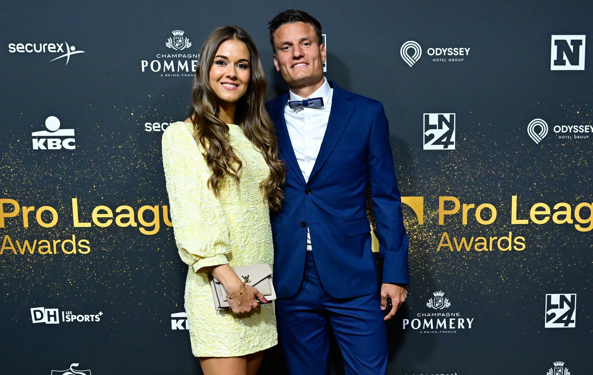 Essevee's Jelle Vossen and his partner pictured during the Pro League Awards 2025, for the best players in the 1st and 2nd divisions of the 2024_2025 Belgian soccer championships, Monday 26 May 2025 in Antwerp. BELGA PHOTO DIRK WAEM
