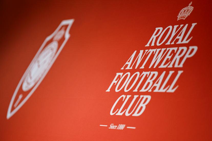 The club's logo and name pictured at a press conference of Belgian soccer team Royal Antwerp FC, Wednesday 25 June 2025 in Antwerp, in preparation of the upcoming 2025-2026 Belgian first division soccer season. BELGA PHOTO TOM GOYVAERTS