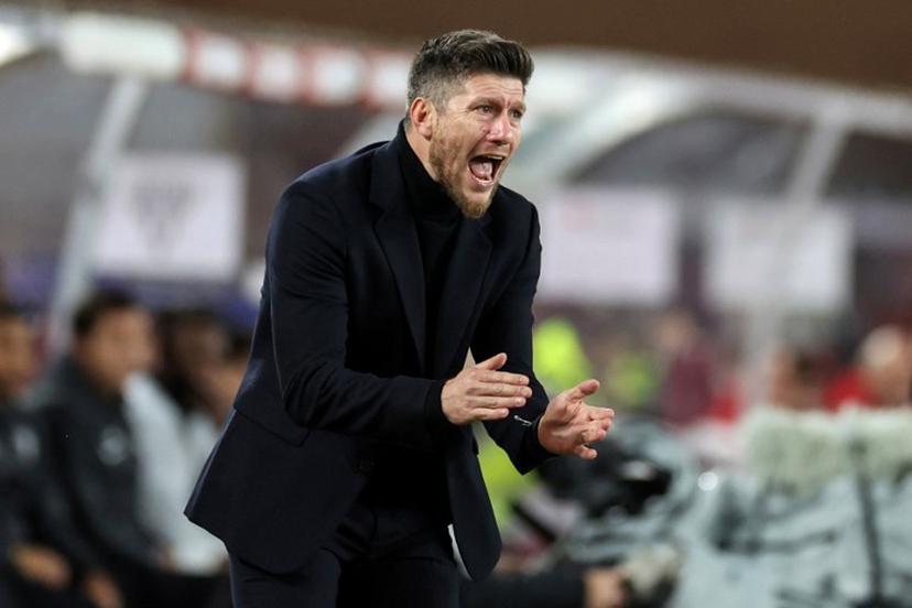 Monaco's Belgian head coach Sebastien Pocognoli gestures during the French L1 football match between AS Monaco and SCO Angers at the Stade Louis II in the Principality of Monaco on February 28, 2026.  Valery HACHE / AFP