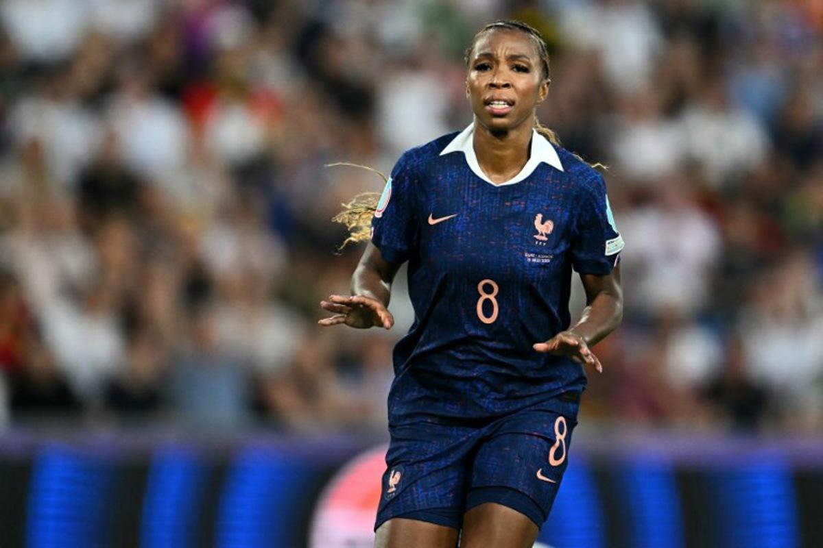 France's midfielder #08 Grace Geyoro celebrates after scoring her team's first goal during the UEFA Women's Euro 2025 quarter finals football match between France and Germany at the Parc Saint-Jacques (St. Jakob Park) stadium in Basel, on July 19, 2025.  Fabrice COFFRINI / AFP