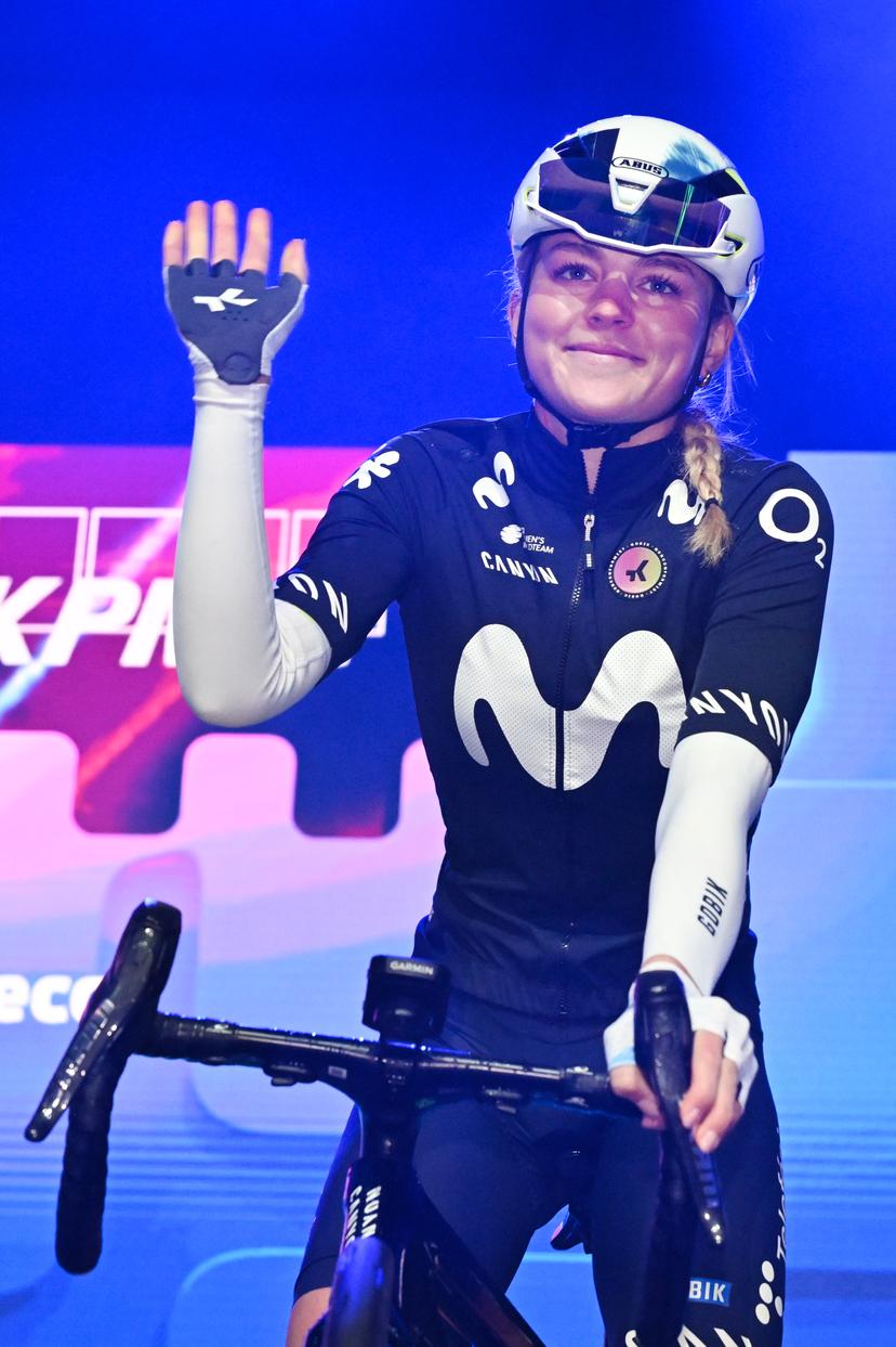 British Cat Ferguson of Movistar Team pictured during the team presentation before the women's one-day cycling race Omloop Het Nieuwsblad (UCI World Tour), the opening race of the Flemish one-day classics season, 137,6 km from Gent to Ninove, Saturday 28 February 2026. BELGA PHOTO MAARTEN STRAETEMANS