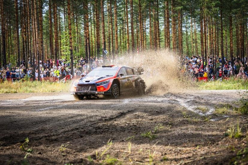 Belgian driver Thierry Neuville and co-driver Martijn Wydaeghe compete in their Hyundai i20 N Rally 1 during the special stage Saarikas 2 at the FIA WRC Rally Finland in Jyvaeskylae, Finland, on August 1, 2025.   Valtteri Vainio / Lehtikuva / AFP