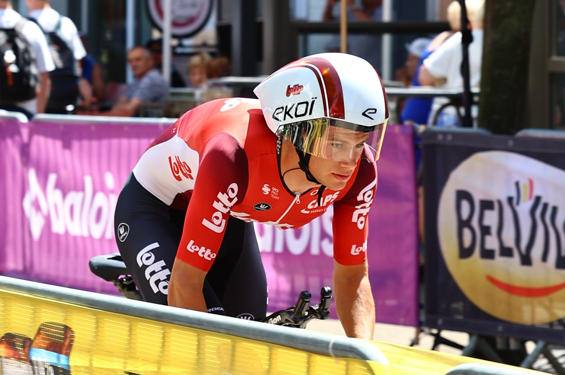 Belgian Alec Segaert of Lotto Cycling Team pictured during a training session ahead of the third stage of the Baloise Belgium Tour cycling race, a 9,7km individual time trial from Tessenderlo to Ham, Friday 20 June 2025. The Baloise Belgium Tour takes place from 18 to 22 June. BELGA PHOTO DAVID PINTENS