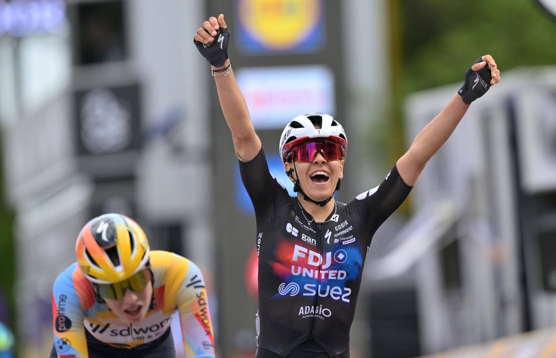 French Celia Gery of FDJ United-SUEZ celebrates after winning the women's 'Brabantse Pijl' one day cycling race, 125,7km from Lennik to Overijse on Friday 17 April 2026. BELGA PHOTO DAVID PINTENS