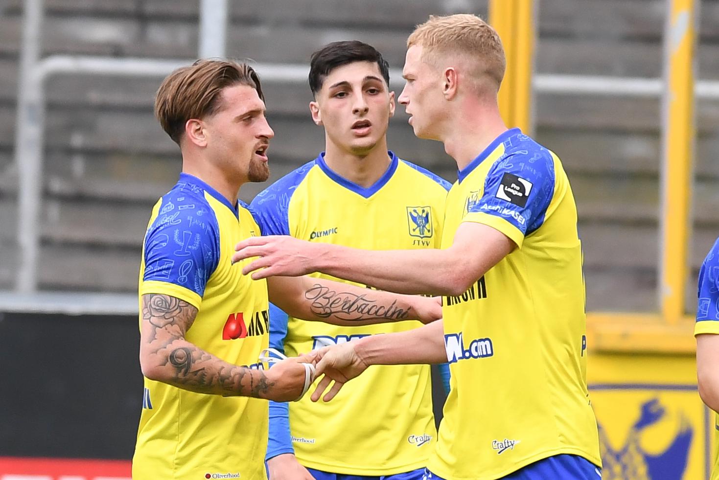 STVV's Adriano Bertaccini celebrates after scoring during a soccer match between Sint-Truidense VV and K. Beerschot V.A., Sunday 04 May 2025 in Sint-Truiden, on day 5 (out of 6) of the Relegation Play-offs of the 2024-2025 'Jupiler Pro League' first division of the Belgian championship. BELGA PHOTO JILL DELSAUX