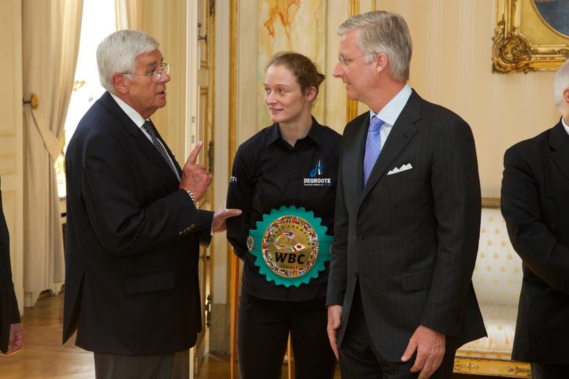 20140428 - BRUSSELS, BELGIUM: Chairman of WBC Bob Logist, Belgian Delfine Persoon and King Philippe - Filip of Belgium pictured during as King receives the winner of the world title of the WBC female lightweight, Monday 28 April 2014 at Royal Palace in Brussels. BELGA PHOTO KURT DESPLENTER