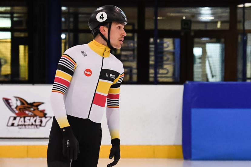 Belgian shorttrack skater Stijn Desmet pictured during a training session of Belgian shorttrack skaters in Hasselt, Thursday 18 May 2023. BELGA PHOTO JILL DELSAUX
