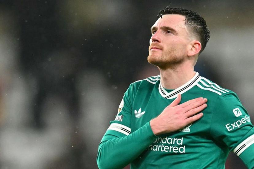 Liverpool's Scottish defender #26 Andrew Robertson applauds the fans following the English Premier League football match between Sunderland and Liverpool at The Stadium of Light in Sunderland in north east England on February 11, 2026.  ANDY BUCHANAN / AFP