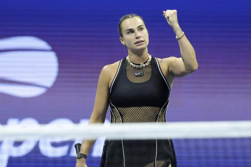 Belarus's Aryna Sabalenka celebrates after her victory against USA's Jessica Pegula during the women's singles semi-final tennis match on day twelve of the US Open tennis tournament at the USTA Billie Jean King National Tennis Center in New York City on September 10, 2026.  KENA BETANCUR / AFP