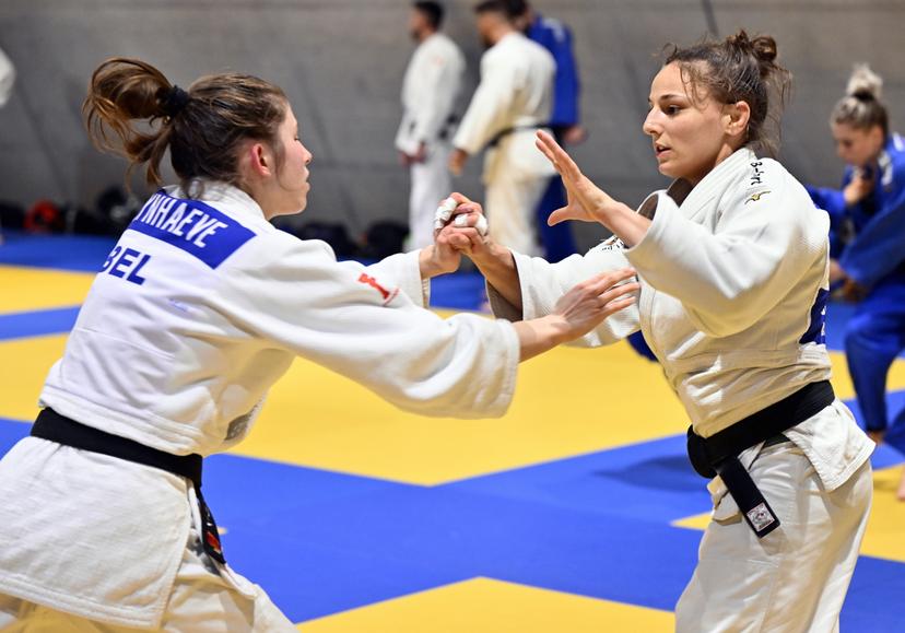 Belgian Mina Libeer (R) pictured in action during a training session at a press moment of the Belgian selection for the upcoming European Championships judo, on Wednesday 08 April 2026 in Wilrijk. The euros are taking place in Tbilisi, Georgia from 16 to 19 april. BELGA PHOTO ERIC LALMAND