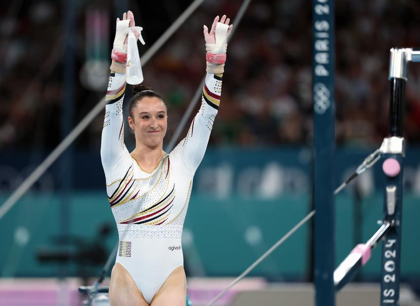 Belgian gymnast Nina Derwael reacts after the women's uneven bars final of the gymnastics competition at the Paris 2024 Olympic Games, on Sunday 04 August 2024 in Paris, France. The Games of the XXXIII Olympiad are taking place in Paris from 26 July to 11 August. The Belgian delegation counts 165 athletes competing in 21 sports. BELGA PHOTO BENOIT DOPPAGNE