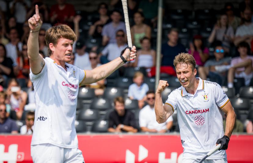 Belgium's Tom Boon and Belgium's Thomas Crols celebrate after scoring during a hockey game between Belgian national team Red Lions and Ireland, match 9/16 in the group stage of the 2025 Men's FIH Pro League, Saturday 14 June 2025, in Antwerp. BELGA PHOTO JASPER JACOBS