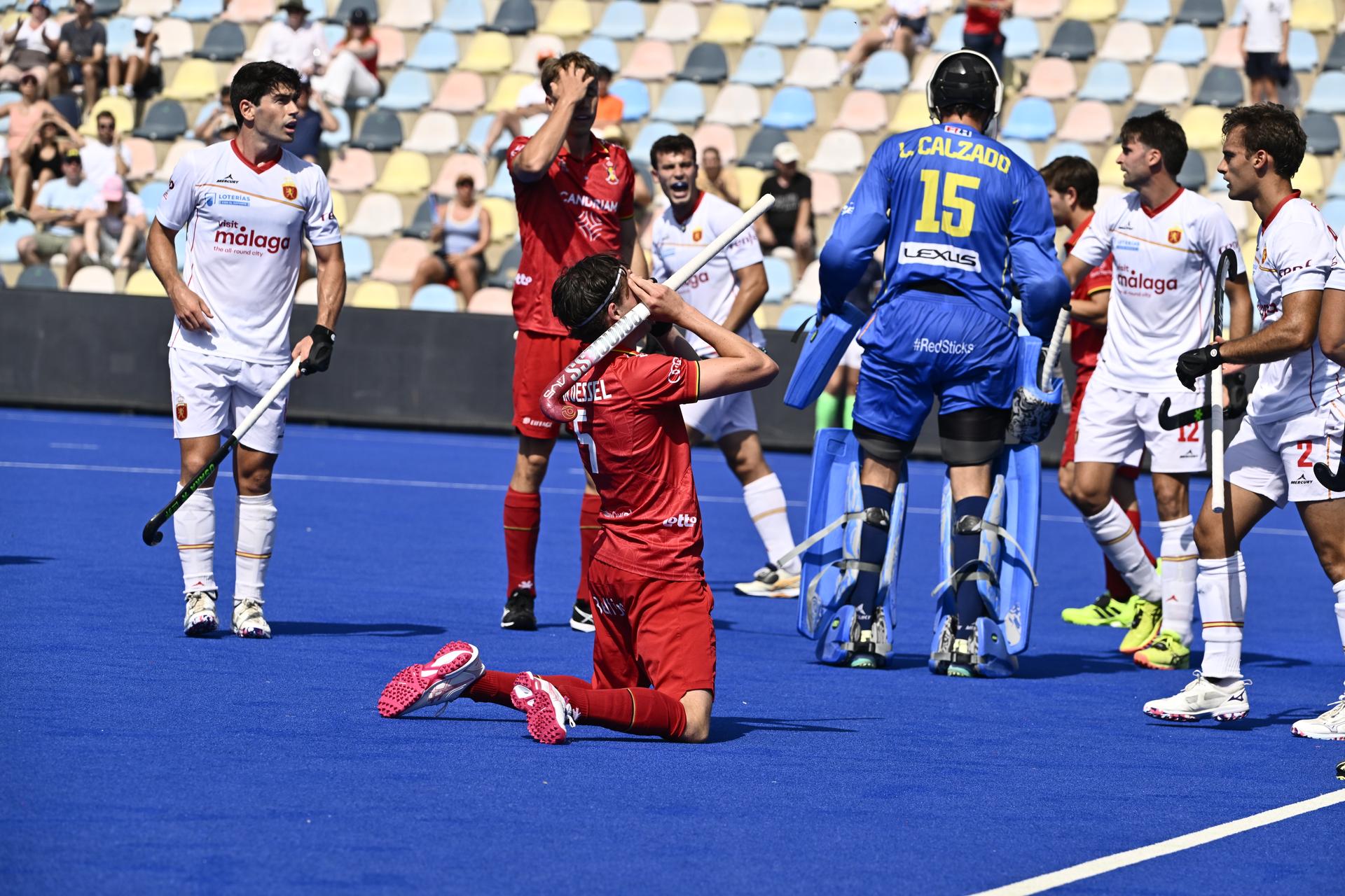 Belgium's Arno Van Dessel reacts at a hockey game between Spain and the Belgian national team Red Lions, match 3/3 in the pool stage of the 2025 men's European championships, Tuesday 12 August 2025 in Monchengladbach, Germany.  BELGA PHOTO ERIC LALMAND