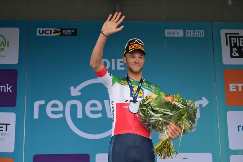 Winner Italian Jonathan Milan of Lidl-Trek celebrates on the podium of the first stage of the 'Renewi Tour' multi-stage cycling race, from Diest and back (191,3 km) on Wednesday 19 August 2026. The five-day race takes place from 19 to 23/08. BELGA PHOTO DAVID PINTENS