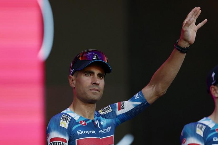 Soudal Quick-Step's Spanish rider Mikel Landa waves on stage during the opening ceremony and team presentation in Tirana, on May 7, 2025, two days before the departure of the Giro d'Italia 2025 cycling race. The Giro d'Italia 2025 cycling race will depart from Durres, Albania on May 9, and finish in Rome on June 1. Luca Bettini / AFP