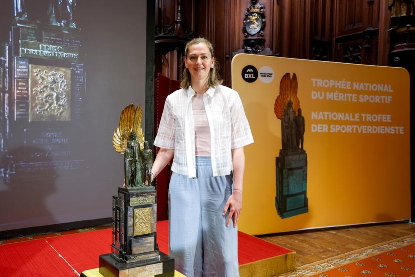Belgium's Emma Meesseman poses with the trophy at the award ceremony for the National Trophy of Sports Merit (Trophee National du Merite Sportif - Nationale Trofee voor Sportverdienste 2025), at the Brussels City Hall, Friday 14 November 2025. BELGA PHOTO NICOLAS MAETERLINCK
