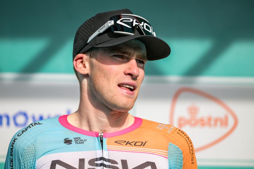 Belgian Floris Van Tricht of NSN Cycling Team pictured on the podium after the 'Ronde Van Limburg' one day cycling race, from Hasselt to Tongeren-Borgloon (178,4 km) on Wednesday 15 April 2026. BELGA PHOTO DAVID PINTENS