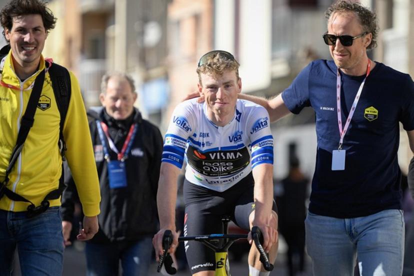Team Visma-Lease a bike's Matthew Brennan smiles after winning the 5th stage of the 2025 Volta a Catalunya cycling tour of Catalonia, a 172 km race between Pauls and Amposta, on March 28, 2025.   Josep LAGO / AFP