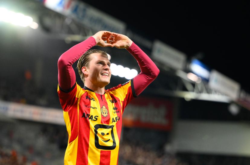 Mechelen's Benito Raman celebrates after scoring during a soccer match between KV Mechelen and FCV Dender EH, Sunday 16 March 2025 in Mechelen, on day 30 of the 2024-2025 season of the 'Jupiler Pro League' first division of the Belgian championship. BELGA PHOTO JOHN THYS