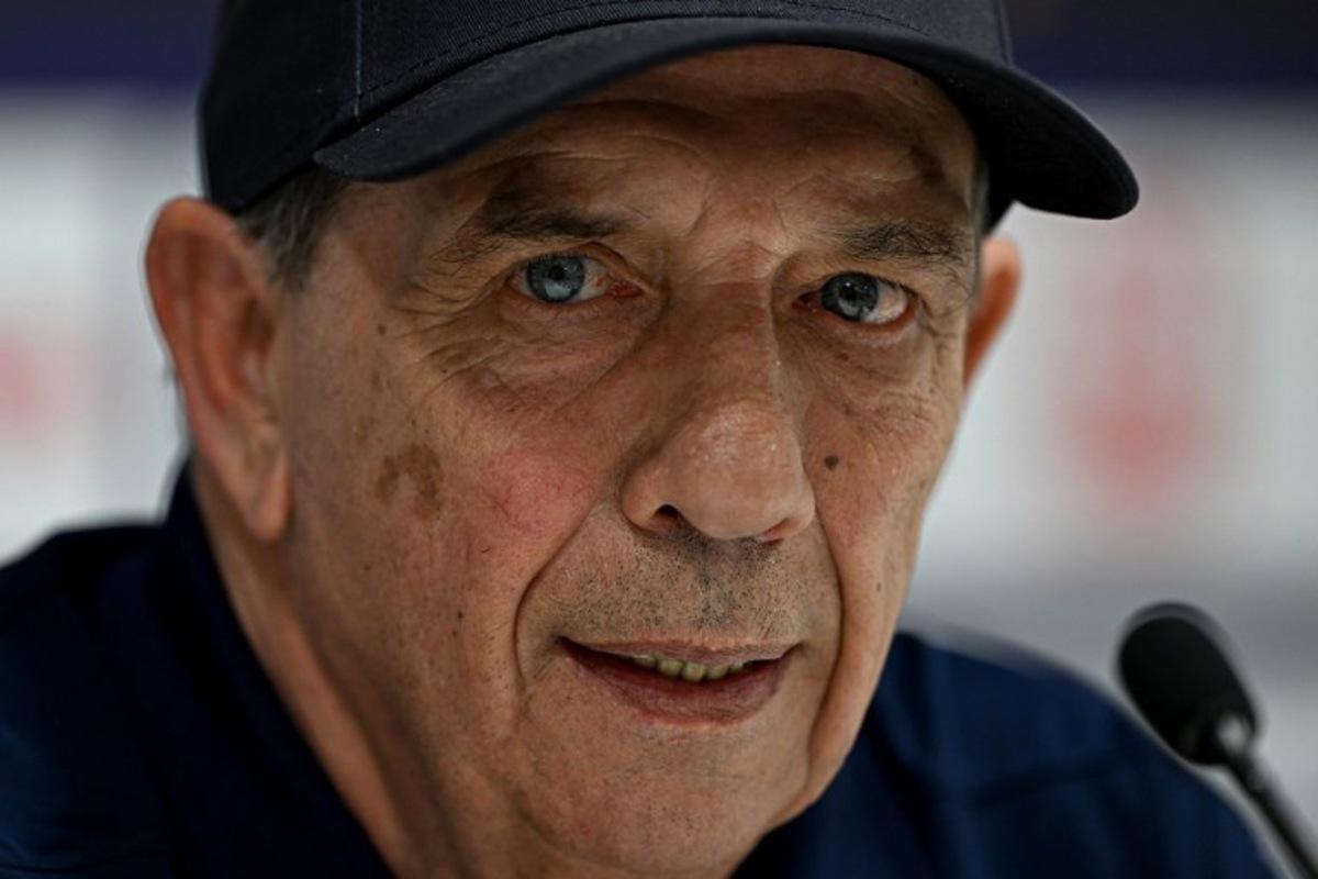Montpellier's French head coach Jean-Louis Gasset delivers a press conference after the French L1 football match between Montpellier Herault SC and Le Havre AC at Stade de la Mosson in Montpellier, southern France on April 6, 2025.   GABRIEL BOUYS / AFP