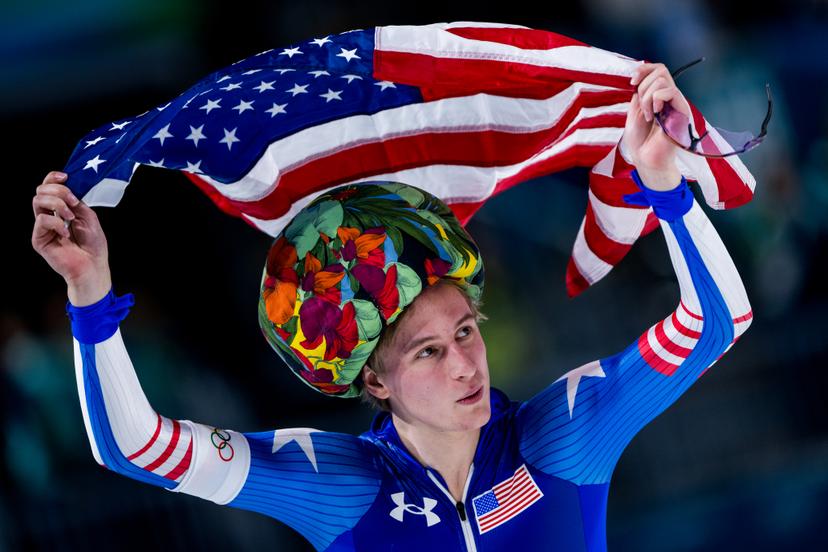 US Jordan Stolz celebrates after winning the Men 1000m final in the Short Track Speed Skating competition at the Milano Cortina 2026 Olympic Winter Games, on Wednesday 11 February 2026 in Milan, Italy. The XXV Winter Olympics take place from 6 to 22 February 2026 in Italy. BELGA PHOTO JASPER JACOBS