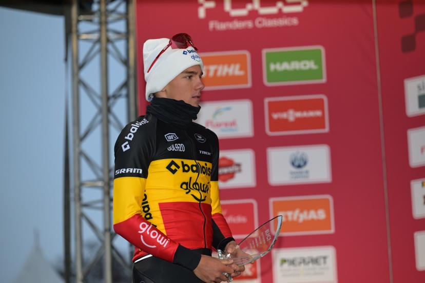 Belgian Thibau Nys pictured on the podium after the men's elite race of the Cyclocross World Cup, in Namur, Sunday 14 December 2025, stage 4 (out of 12) in the World Cup of the 2026-2027 season. BELGA PHOTO DAVID PINTENS