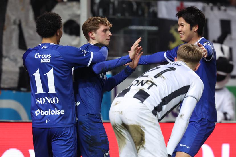 Gent's Max Dean celebrates after scoring during a soccer match between Sporting Charleroi and KAA Gent, Saturday 14 February 2026 in Charleroi, on day 25 of the 2025-2026 'Jupiler Pro League' first division of the Belgian championship. BELGA PHOTO VIRGINIE LEFOUR