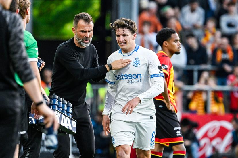 Club's head coach Ivan Leko and Club's Christos Tzolis celebrate after scoring during a soccer match between KV Mechelen and Club Brugge KV, Thursday 21 May 2026 in Mechelen, on the ninth day of the Champion's Play-offs of the 2025-2026 'Jupiler Pro League' first division of the Belgian championship. BELGA PHOTO TOM GOYVAERTS