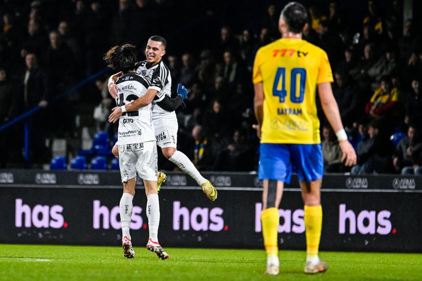 STVV's Keisuke Goto and STVV's Ilias Sebaoui celebrate after scoring during a soccer match between KVC Westerlo and STVV, Friday 06 February 2026 in Westerlo, on day 24 of the 2025-2026 'Jupiler Pro League' first division of the Belgian championship. BELGA PHOTO TOM GOYVAERTS