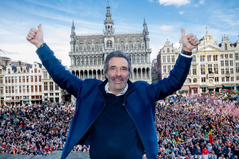 Belgian sailor Denis Van Weynbergh pictured during celebrations at the Grand Place - Grote Markt square in the city center of Brussels, for Van Weynbergh who completed the 'Vendee Globe' race, Saturday 22 March 2025. The 2024-2025 Vendee Globe was a non-stop round the world yacht race crewed by only one person, Belgian Van Weynbergh completed the race but finished after the official deadline. BELGA PHOTO HATIM KAGHAT
