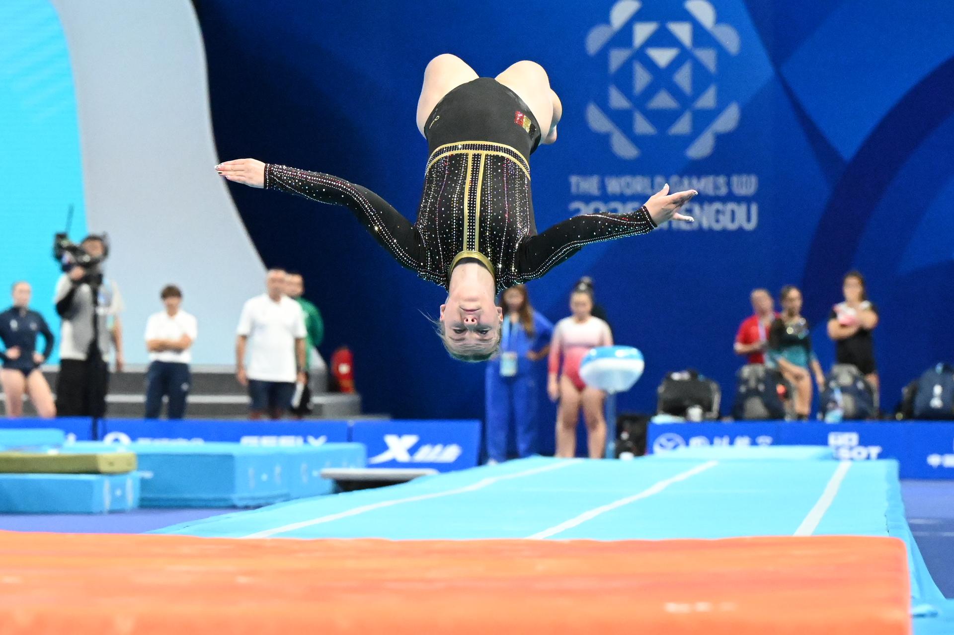 ATTENTION EDITORS - HANDOUT PICTURE - EDITORIAL USE ONLY - MANDATORY CREDIT BOIC - COIB   -  Lani Spiessens pictured in action during the Trumbling competition of the World Games 2025, in Chenghdu, China, on Saturday 9 AUgust 2025. This year, the World Games take place from 07 to 17 augustus. PHOTO HANDOUT BOIC - COIB