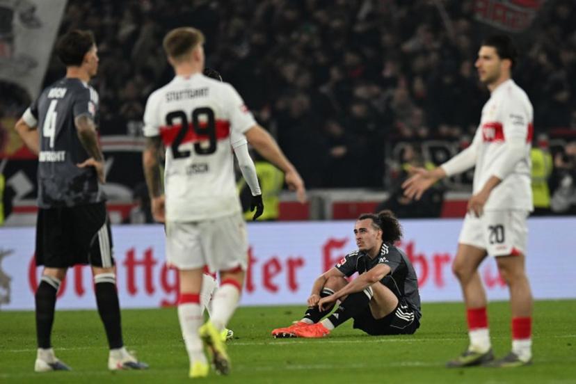 Frankfurt's Belgian defender #03 Arthur Theate reacts after the German first division Bundesliga football match between VfB Stuttgart and Eintracht Frankfurt in Stuttgart, southern Germany, on January 13, 2026.  THOMAS KIENZLE / AFP
