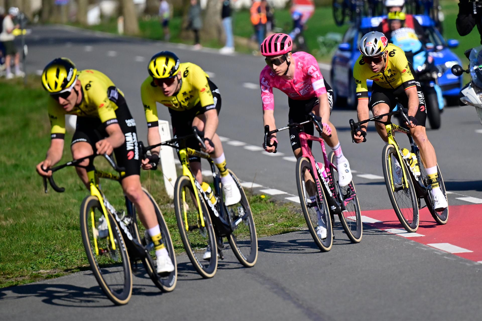 Belgian Tiesj Benoot of Team Visma-Lease a Bike, American Matteo Jorgenson of Team Visma-Lease a Bike,  American Neilson Powless of EF Education-EasyPost and Belgian Wout van Aert of Team Visma-Lease a Bike pictured in action during the men elite race of the 'Dwars Door Vlaanderen' cycling event, 184,2km from Roeselare to Waregem, Wednesday 02 April 2025. BELGA PHOTO DIRK WAEM