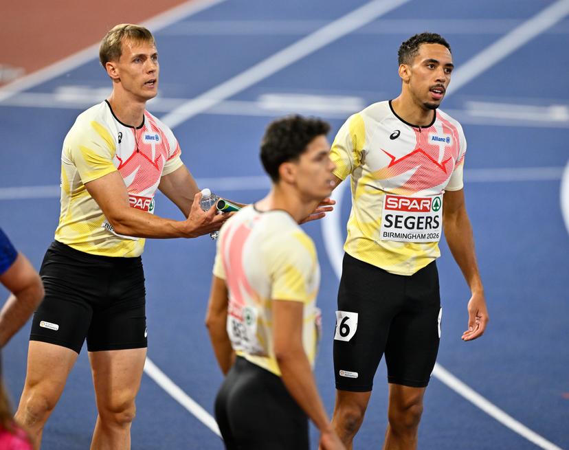 Belgians Julien Watrin; Jonathan Sacoor and Daniel Segers pictued after their race, the final of the Men's 4x400m relay on the seventh and last day of the European Athletics Championships (August 10-18) in Birmingham, United Kingdom, on Sunday 16 August 2026. BELGA PHOTO ERIC LALMAND