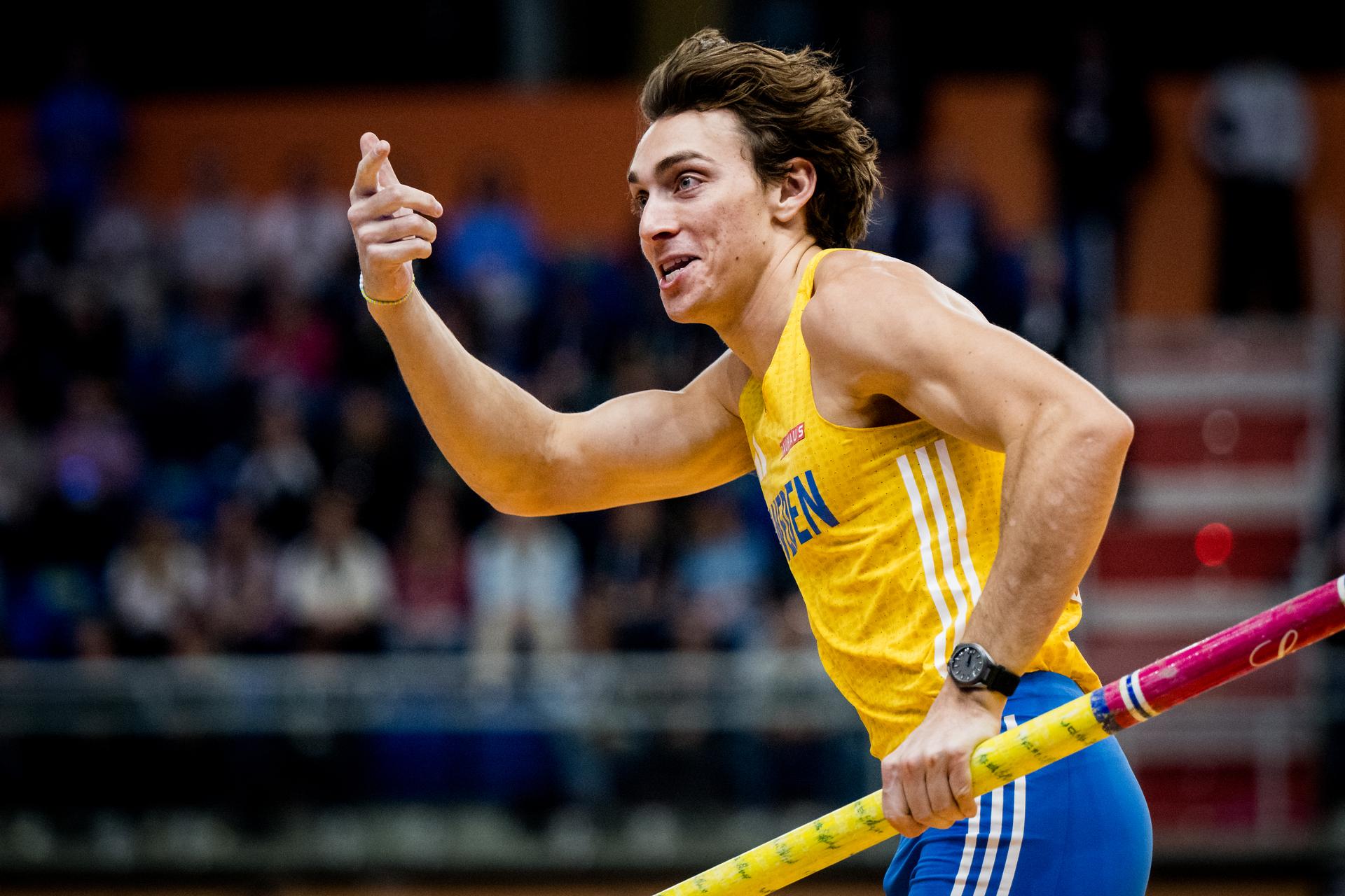 Swedish pole vaulter Armand Mondo Duplantis celebrates after winning the second day of the World Athletics Indoor Championship in Torun, Poland on Saturday 21 March 2026. The championships take place from 20 to 22 March. BELGA PHOTO JASPER JACOBS