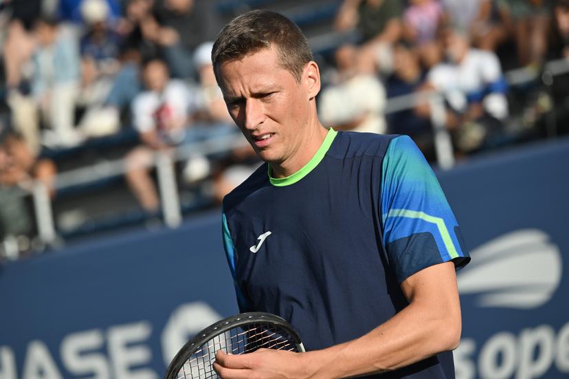 Belgian Kimmer Coppejans pictured in action during a tennis match against Argentine Barrena, in the first round of the qualifications for the men's singles of 2025 US Open Grand Slam tennis tournament in New York City, USA, Tuesday 19 August 2025. Coppejans won 6-4, 7-6, 6-3. BELGA PHOTO TONY BEHAR