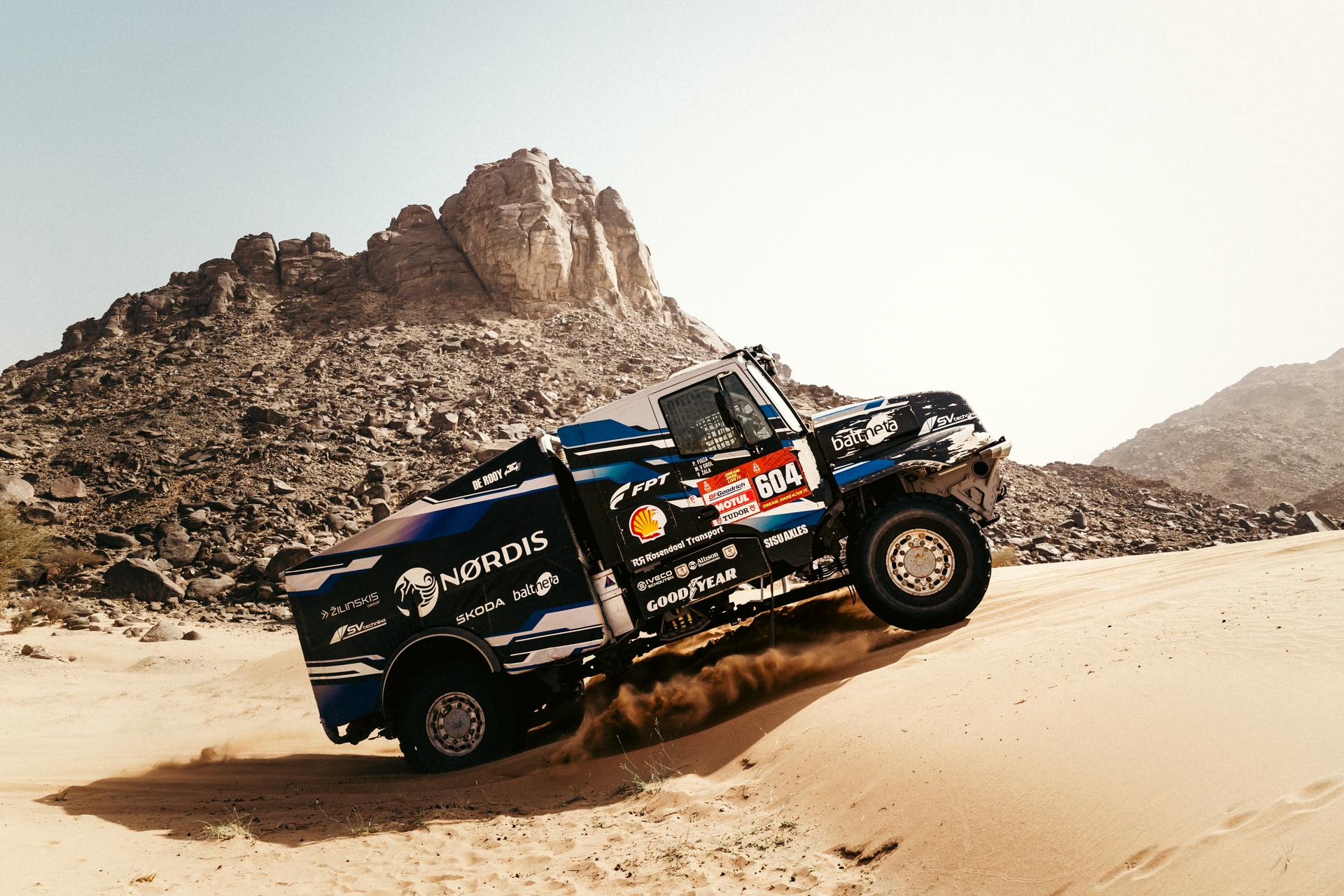 ATTENTION EDITORS - HAND OUT PICTURES - EDITORIAL USE ONLY - MANDATORY CREDIT: 'Team De Rooy'  Hand out picture released by Eric Dupain shows Vaidotas Zala, Paulo Fiuza and Max Van Grol during stage 12 of the 2026 Dakar rally race in Yanbu, Saudi Arabia on Thursday 15 January 2026.  *** Belga and Belga Editorial Board decline all responsibility regarding the content of this picture. *** PHOTO HAND OUT - TEAM DE ROOY